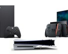 Xbox Series X, Sony PS5 Slim Disc Edition och Nintendo Switch 2 på bilden