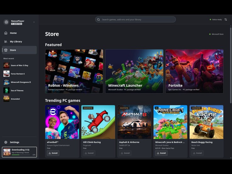 Butikssidan är utformad för att låta Steam Deck-användare ladda ner spel från Microsoft Store och PC Game Pass. (På bilden: En skärmbild från startprogrammet Xodus Nexus.)