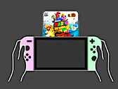 Nintendo Switch hålls med Super Mario 3D World Virtual Game Card på displayen.