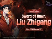 Officiellt reklammaterial för Sword of Dawn-karaktärsbannern som presenterar SSR-jägaren Liu Zhigang.