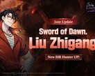 Officiellt reklammaterial för Sword of Dawn-karaktärsbannern som presenterar SSR-jägaren Liu Zhigang.