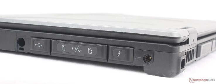Höger sida: Batteri-/expansionsplats, Styluspenna (tillval för pekskärmar), USB-A 3.2 Gen. 1, Mini-SIM (tillval), 3,5 mm headset, MicroSD-läsare, USB-C Thunderbolt 4 med Power Delivery + DisplayPort, port för nätadapter