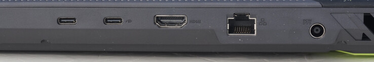 Anslutningar tillbaka: USB-C (10 Gbit/s, DP, G-Sync), USB-C (10 Gbit/s, DP, PD), HDMI 2.1 FRL, LAN-port (1 Gbit/s), strömport