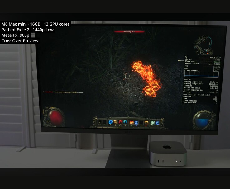 Path of Exile 2 körs på en Mac mini med 16 GB M6 via CrossOver i 1440p med låga inställningar.