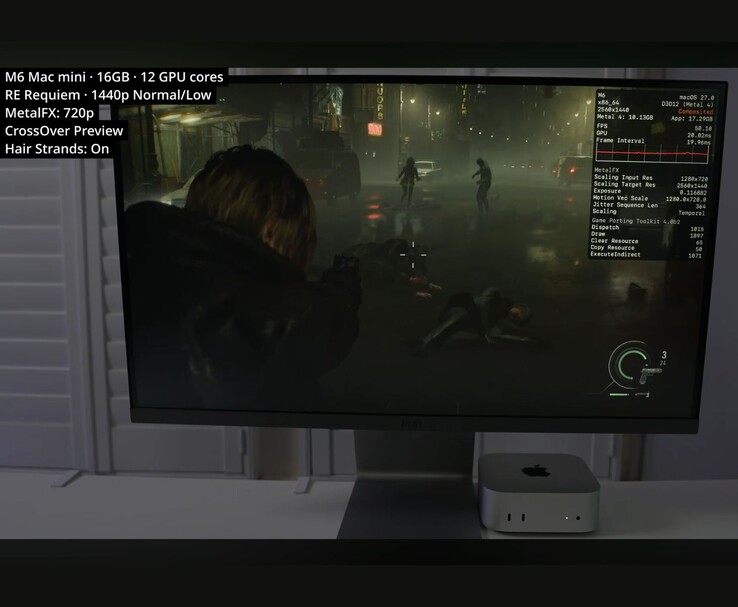 Resident Evil Requiem körs med cirka 50 FPS på en Mac mini med 16 GB M6 via CrossOver.