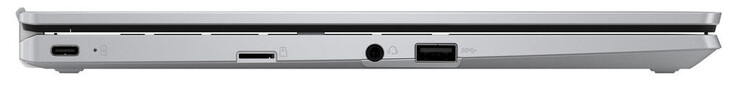 Vänster sida: USB 3.2 Gen 1 (USB-C; Power Delivery, DisplayPort), minneskortläsare (microSD), kombinationsljud, USB 3.2 Gen 1 (USB-A)