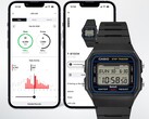Den digitala klockan Casio F-B100W visas framför två smarttelefonskärmar som visar den anslutna Life Log-appen med data om steg och aktivitet.