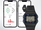 Den digitala klockan Casio F-B100W visas framför två smarttelefonskärmar som visar den anslutna Life Log-appen med data om steg och aktivitet.