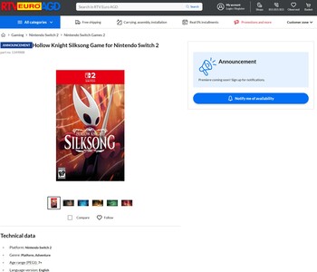 Hollow Knight Silksong Switch 2 RTV Euro AGD-lista (Bildkälla: skärmdump, RTV Euro AGD)
