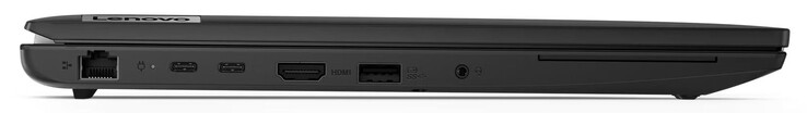 Vänster sida: Gigabit Ethernet, USB 3.2 Gen 2 (USB-C; Power Delivery, Displayport), HDMI, USB 3.2 Gen 1 (USB-A), ljudkombination, SmartCard-läsare