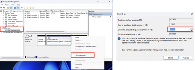 Windows Diskhantering kan vara envis när det gäller att ge dig rätt mängd utrymme där din enhet kan krympas (Bildkälla: Notebookcheck)