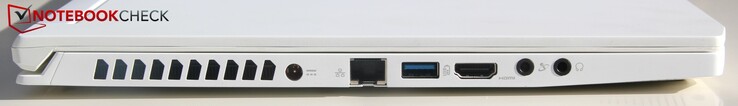 Vänster: AC-adapter, LAN, USB Typ A 3.0, HDMI, mikrofon, hörlurar