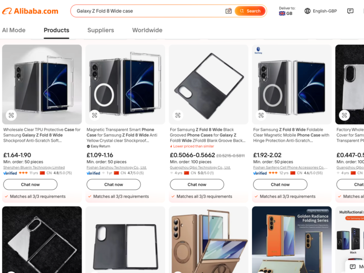 Galaxy Z Fold 8 Wide-fall listade på Alibaba.