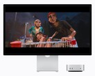 Bilden visar den nya M6 Mac mini bredvid en Studio-skärm. Någon form av film spelas upp.