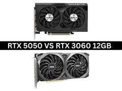 Sida vid sida-bild av Nvidia GeForce RTX 5050 och RTX 3060 12 GB grafikkort (Bildkälla: Produktbilder via Gigabyte och MSI. Komposit skapad av Anmol Dubey via Notebookcheck).