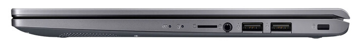 Höger sida: minneskortläsare (MicroSD, tillval), ljudkombination, 2x USB 2.0 (USB-A), plats för ett kabellås