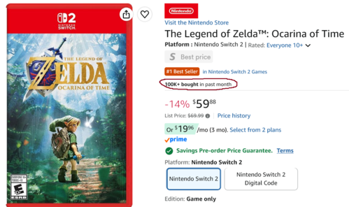 Amazon-listning och försäljning för Zelda: Ocarina of Time visas