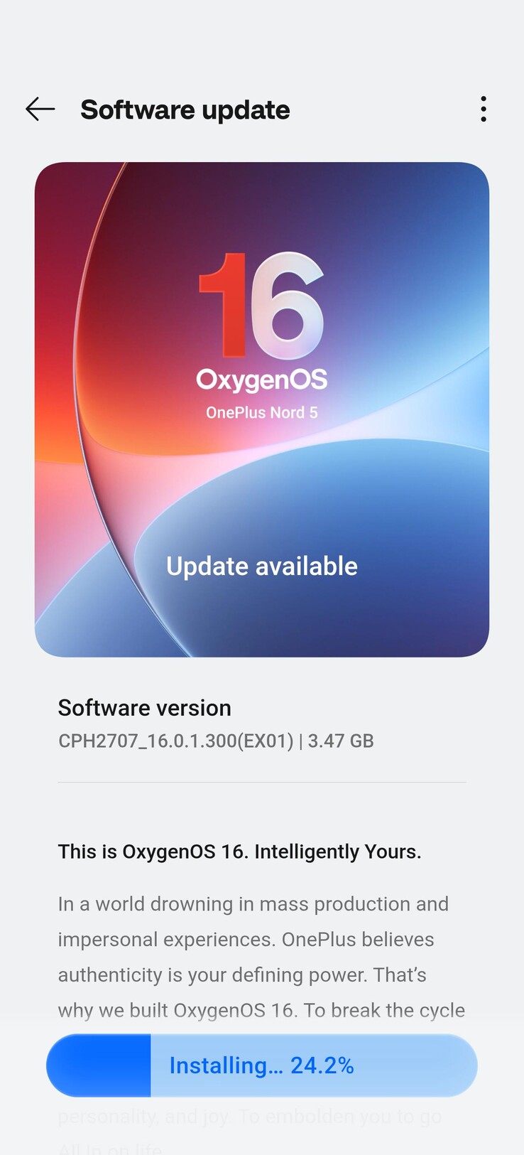OxygenOS 16 OTA på OnePlus Nord 5. (Bildkälla: u/Which_Total1708 via Reddit)