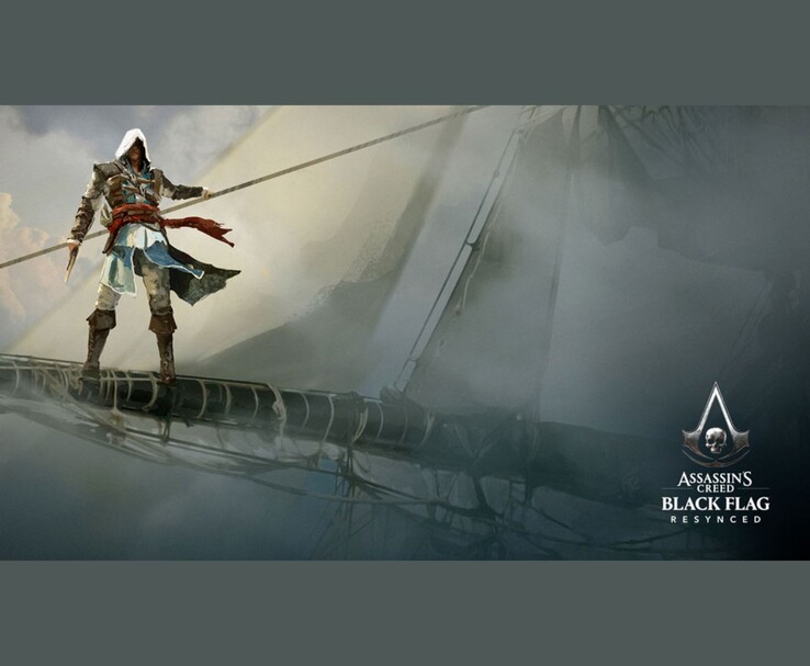 Assassin's Creed Black Flag Resynced officiellt konstverk som visar Edward Kenway stående på en fartygsmast.