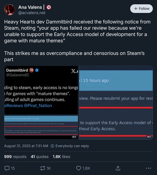 Ana Valens Bluesky inlägg på Steam vuxna spel tidig åtkomst (Bildkälla: skärmdump, Ana Valens Bluesky-konto)