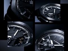 Ett collage av närbilder som visar urtavlans struktur, timmarkeringarna och bezeln på Casio G-Shock GM-2100LXB.