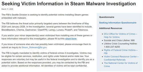 FBI-meddelande om utredning av skadlig programvara i Steam