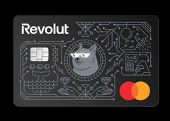 Revolut Mastercard med lysdioder. Ögonen lyser upp vid betalning.