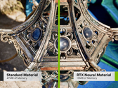 Jämförelse mellan standardmaterial och neurala material visar att Nvidia kan minska VRAM-behovet för spel. (Bildkälla: Nvidia, redigerad)