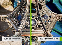 Jämförelse mellan standardmaterial och neurala material visar att Nvidia kan minska VRAM-behovet för spel. (Bildkälla: Nvidia, redigerad)