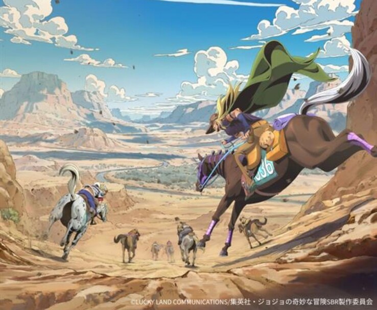 Officiell key visual från Netflix anime Steel Ball Run med Gyro Zeppeli och Johnny Joestar som tävlar genom den amerikanska öknen. (Bildkälla: Lucky Land Communications / Shueisha / Warner Bros. Japan / Netflix Anime