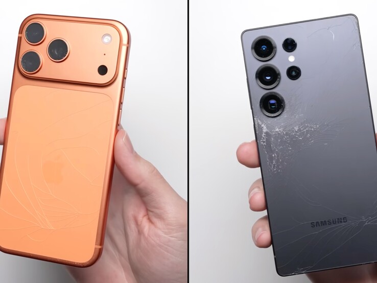 Baksidan av iPhone 17 Pro Max (vänster) och Galaxy S25 Ultra (höger) efter ett falltest på 1 meter. (Bildkälla: PhoneBuff på YouTube, skärmdump)