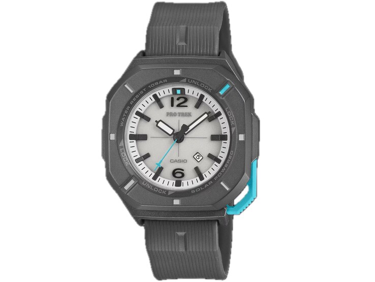 Casio Pro Trek PRJ-01AE-8 analog klocka med grå boett, vit urtavla, turkosa detaljer och svart armband