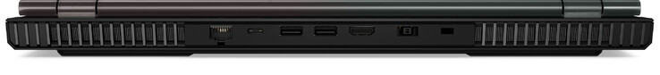 Baksidan: Gigabit-Ethernet, USB 3.2 Gen 1 (Typ C; DisplayPort), 2x USB 3.2 Gen 1 (Typ A), HDMI, Nätadapter, Plats för kabellås