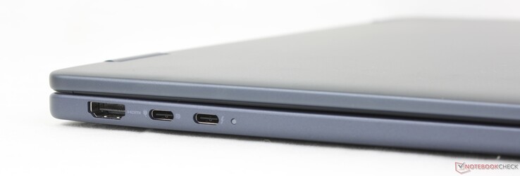 Vänster: HDMI 2.1, USB-C 3.2 Gen. 2 med DisplayPort 1.4 + Power Delivery, USB-C Thunderbolt 4 med DisplayPort 2.1 + Power Delivery