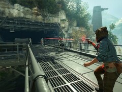 Kay Vess, huvudpersonen i Star Wars Outlaws, skjuter mot Strom Troopers. (Bildkälla: Nintendo)