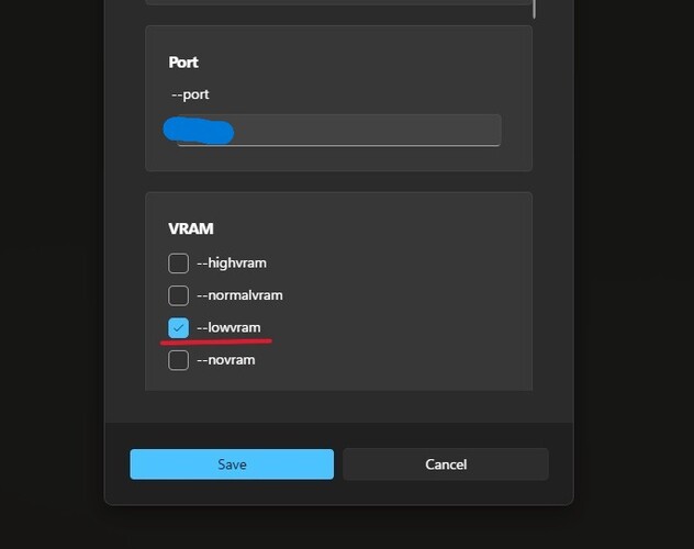 En skärmdump av inställningsmenyn i ComfyUI-kaklet på stabilitetsmatrisen med låg vram markerad. (Bildkälla: Windows Screen Capture)