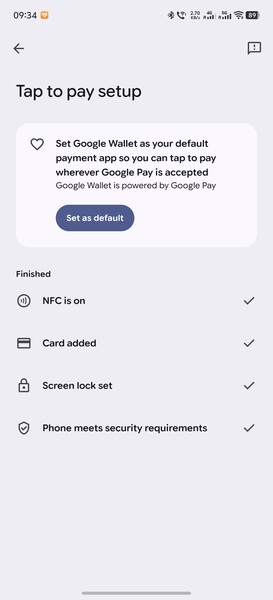 Allt ser fortfarande bra ut i inställningarna för Google Wallet.