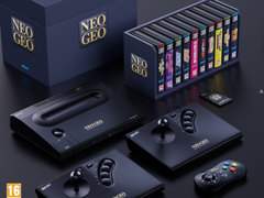 En rendering av Neo Geo Aes+ med sina gamepad-joysticks och en videospelkollektion