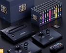 En rendering av Neo Geo Aes+ med sina gamepad-joysticks och en videospelkollektion