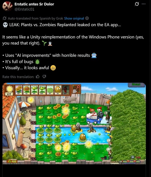 Skärmdump från Plants vs. Zombies Replanted läckt version (Bildkälla: skärmdump, Erstatic antes Sr Dolor X-konto)