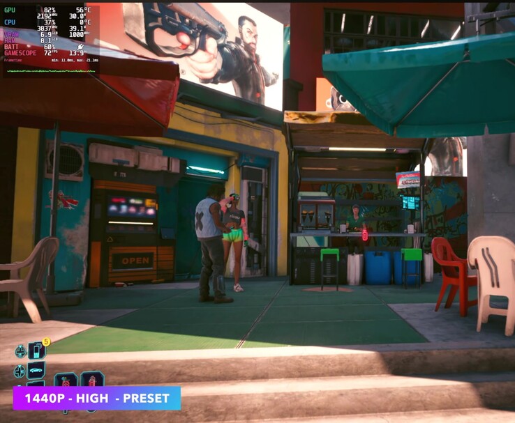 Cyberpunk 2077 körs på SteamOS i 1440p med inställningen ”High”