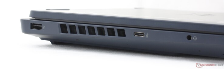 Vänster: USB-A (5 Gbitps), USB-C (10 Gbitps), 3,5 mm-hörlursuttag