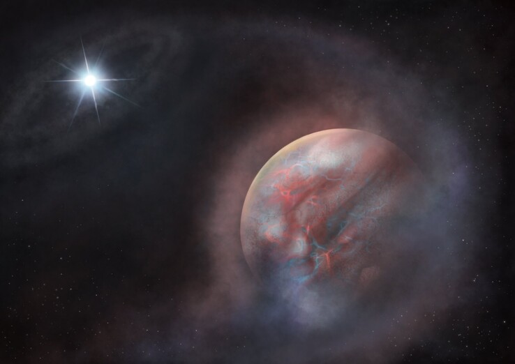 En konstnärlig illustration som visar exoplanetkandidaten i omloppsbana runt den vita dvärgen HS 0209+0832.