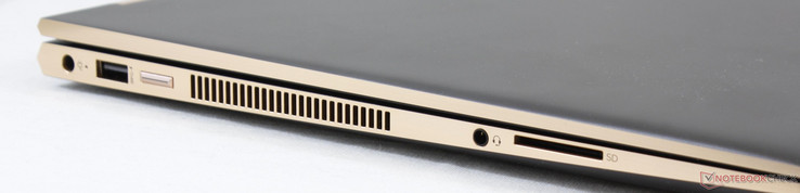 Vänster: AC-adapter, USB 3.1 Typ A, Startknapp, 3.5 mm kombinerat ljud, SD-kortläsare