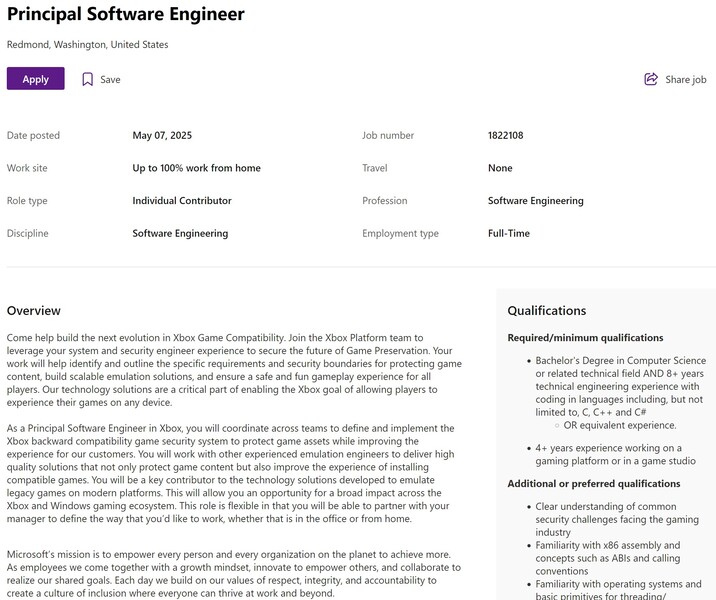 Microsofts jobbannons för Principal Software Engineer (Bildkälla: skärmdump, Microsoft Careers)