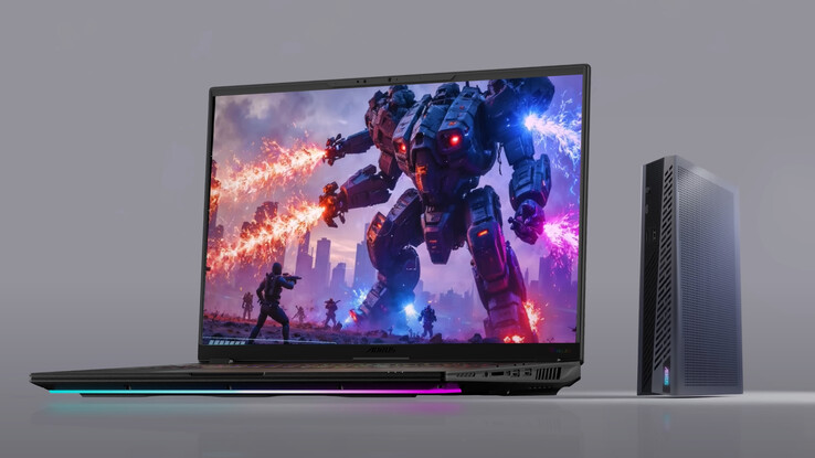 Aorus RTX 5060 Ti AI Box bredvid en av Gigabytes senaste bärbara 16-tums gamingdatorer. (Bildkälla: Gigabyte)