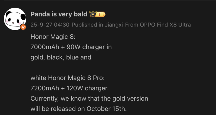 Läckt information om Magic 8. (Bildkälla: Weibo - maskinöversatt)