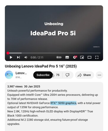 Lenovos IdeaPad Pro 5 16 kommer att lanseras med en Nvidia RTX 5050 GPU ombord. (Bildkälla: Lenovo PC på YouTube)