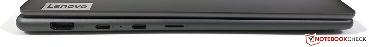 Till vänster: HDMI 2.1, USB-C 3.2 Gen 2 (10 Gbps, DisplayPort ALT Mode 1.4, Power Delivery), USB-C 4 (40 Gbps, DisplayPort ALT Mode 1.4, Power Delivery 3.0) microSD-läsare