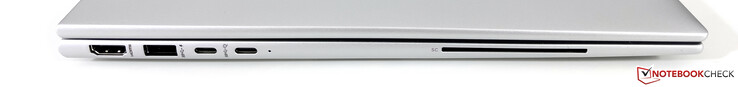 Till vänster: HDMI 2.0b, USB-A 3.2 Gen.1 (5 GBit/s) 2x USB-C 4.0 (40 GBit/s, DisplayPort ALT mode 1.4, Power Delivery), SmartCard-läsare (tillval)